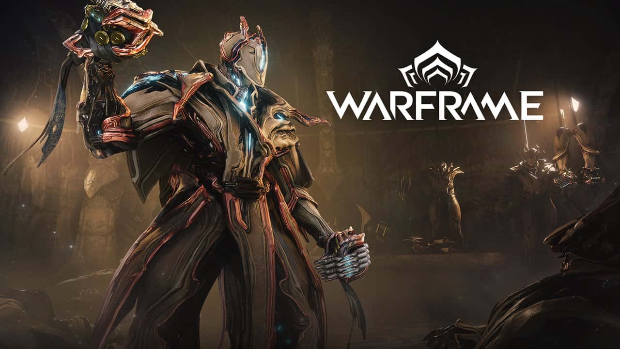 Brysko, the new Warframe from Warframe: Tau, next to the Warframe logo