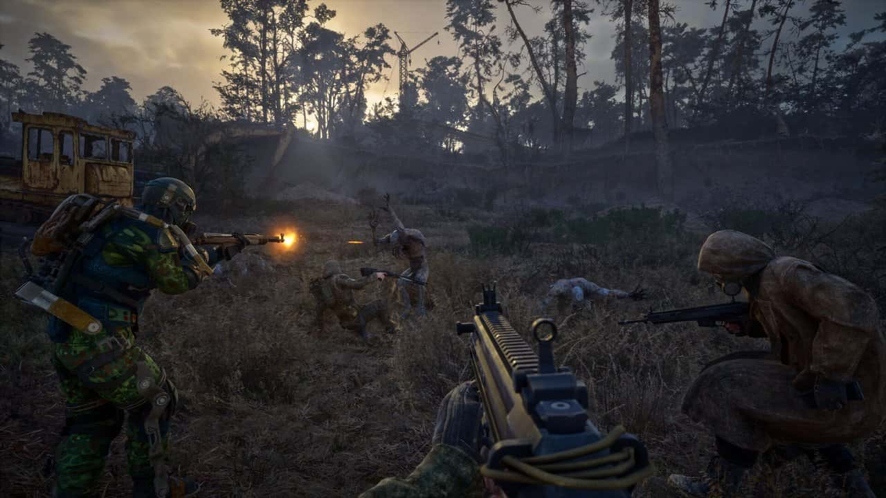 Armed stalkers in a firefight across an overgrown field at sunset in Stalker 2
