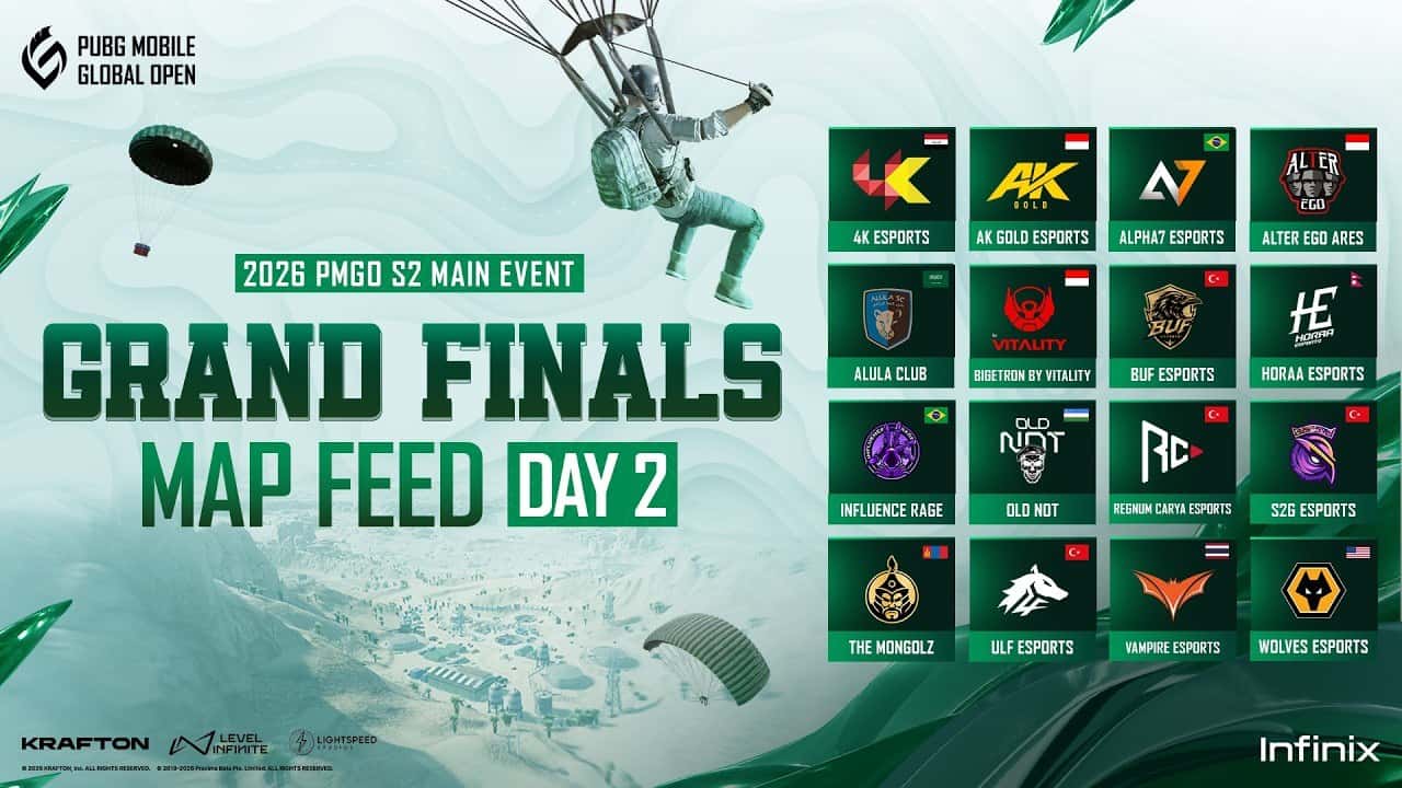 Official 2026 PMGO S2 Grand Finals art with a PUBG MOBILE character parachuting in and the logos of the 16 finalist teams