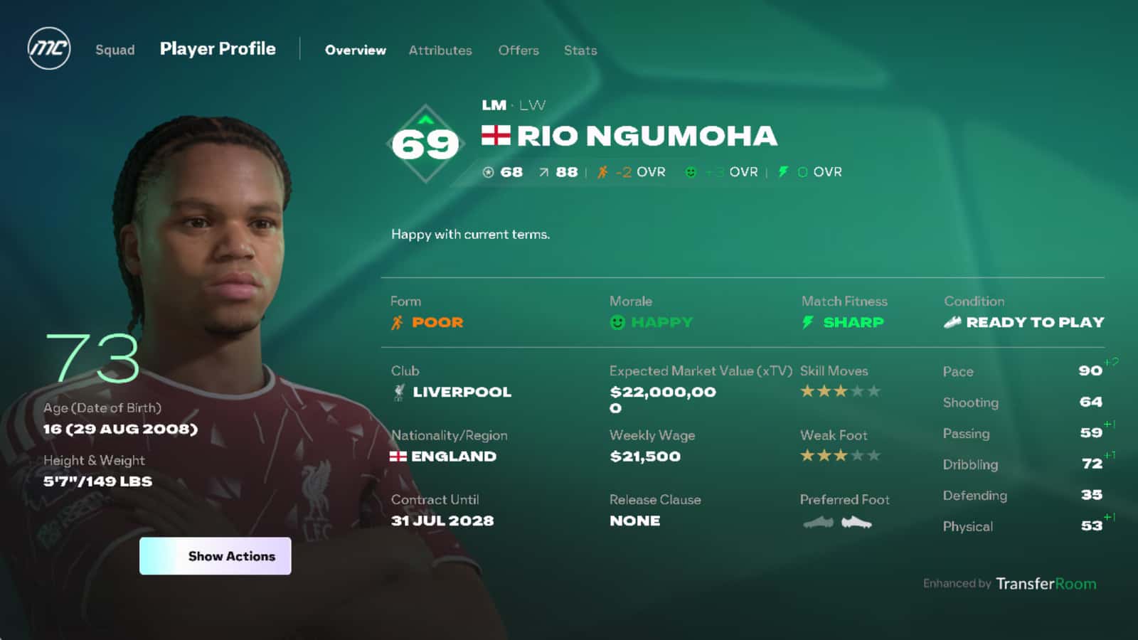 Rio Ngumoha's player profile in FC 27 Career Mode showing rating, potential, form, morale and contract details