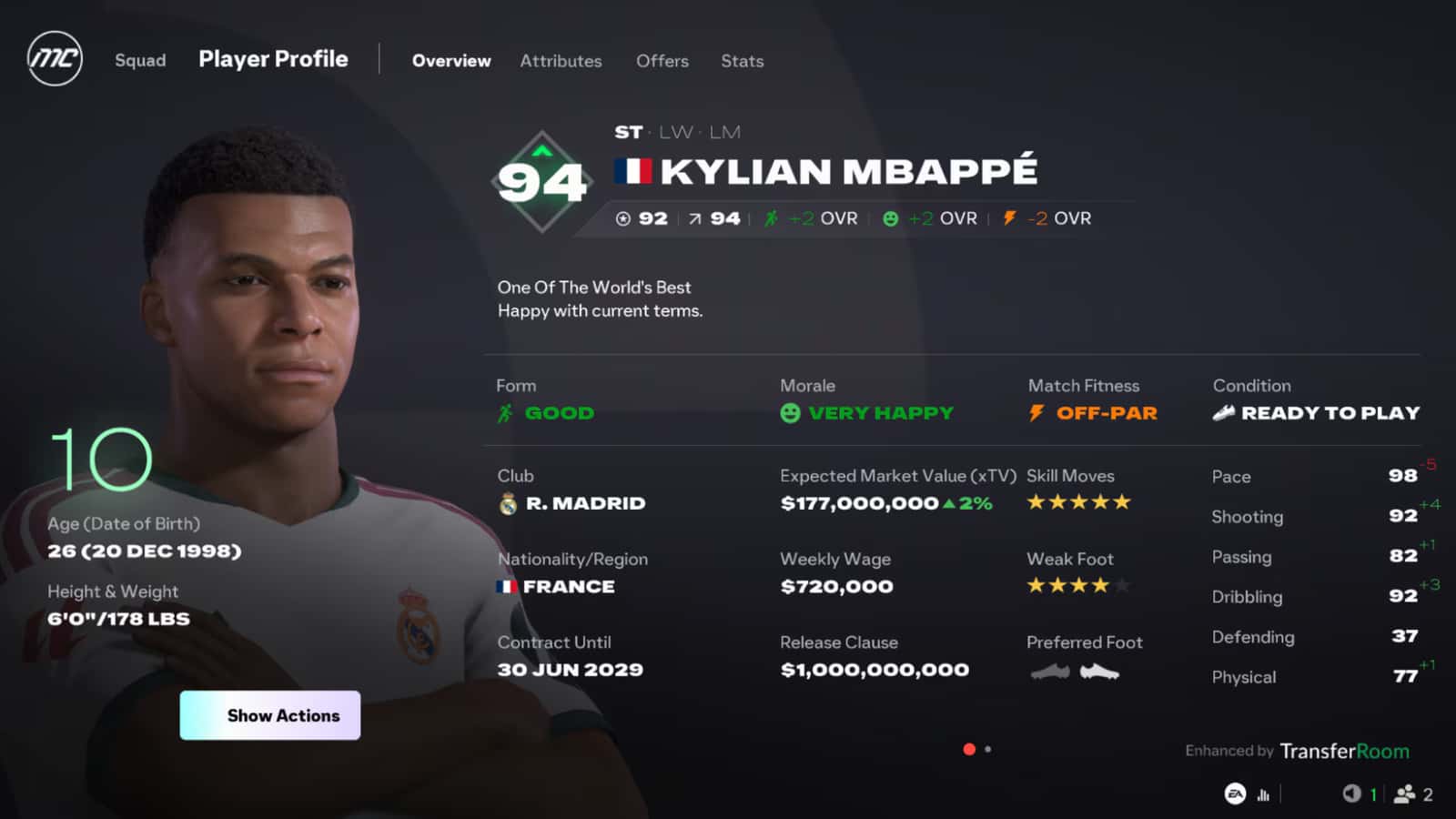 FC 27 Career Mode player profile showing form, morale, match fitness, contract end date and release clause