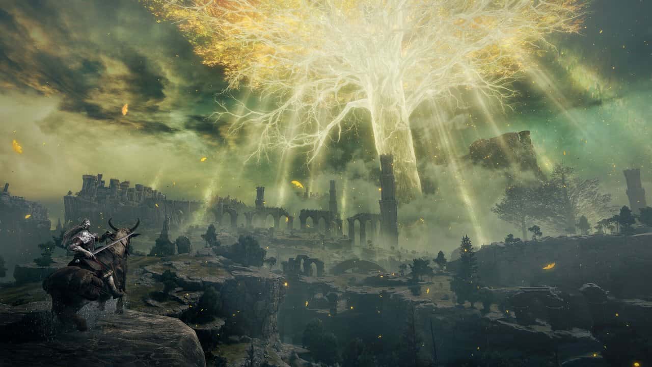 A mounted warrior in Elden Ring looking toward the giant golden Erdtree in the distance