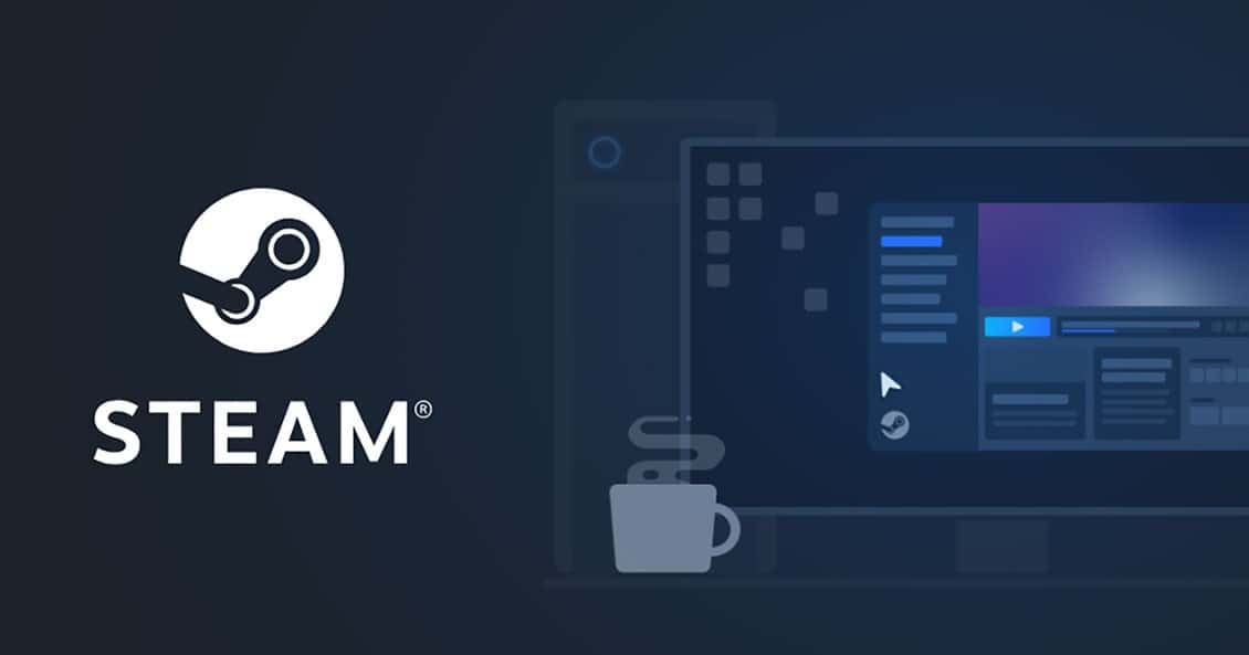 Official Steam artwork with the Steam logo on a dark blue background next to an illustrated desktop showing the Steam client and a coffee mug