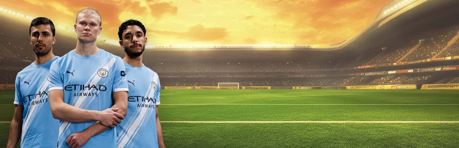 Soccer Manager 2027 Steam hero art with Manchester City players in a stadium
