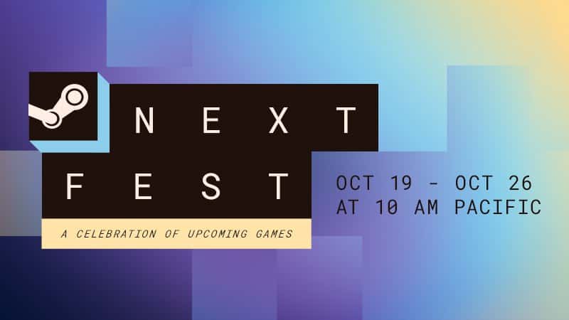Official Steam Next Fest October 2026 key art with the Steam logo and the October 19 to 26 dates on a purple and blue background