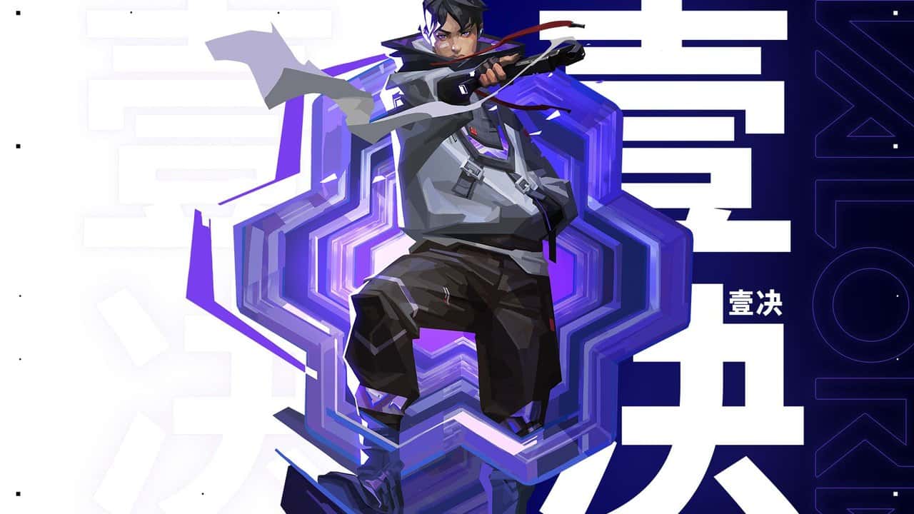 Official Valorant wallpaper of the agent Iso in front of purple geometric shapes and large Chinese characters