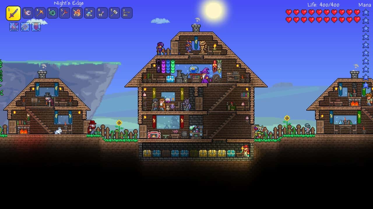 A village of wooden houses in daylight in Terraria