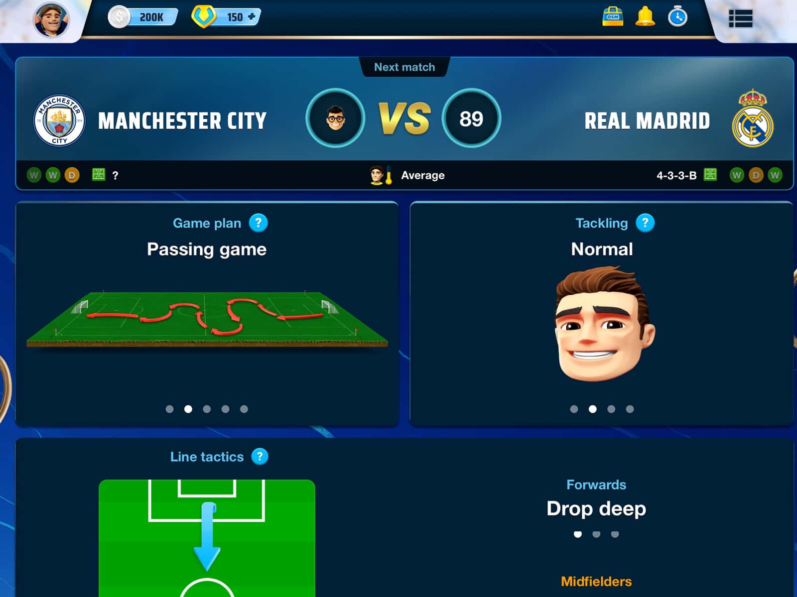 OSM pre-match tactics screen: Passing game plan, Normal tackling and line tactics