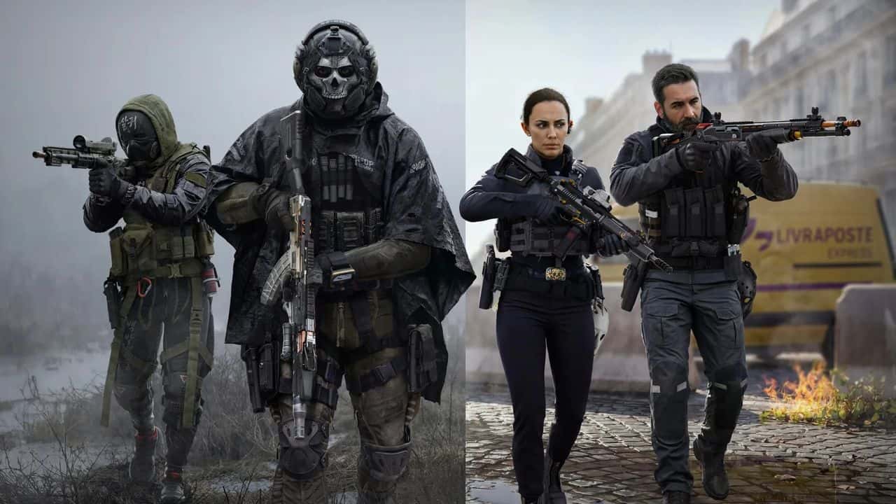 Official Modern Warfare 4 image of Ghost and armed operators walking through a combat zone