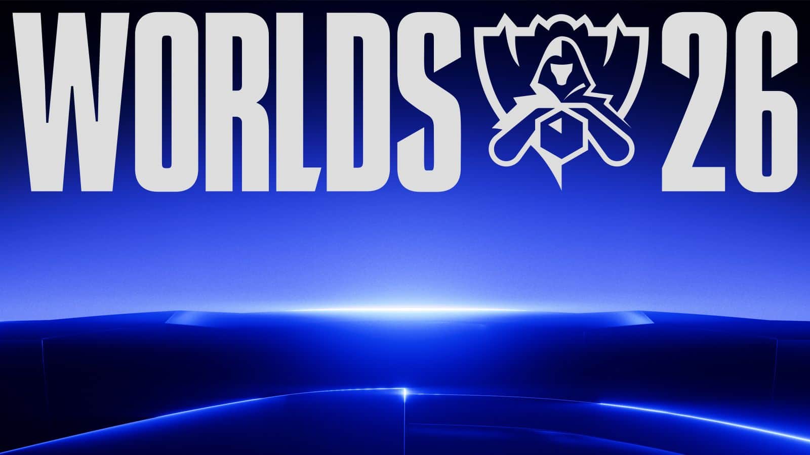 Official Worlds 2026 logo over a blue-lit stage backdrop (Riot Games / LoL Esports)