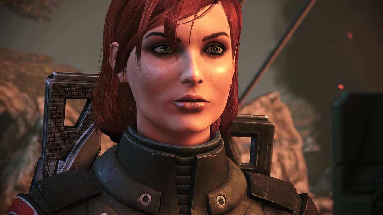 Close-up of a red-haired female Commander Shepard in Mass Effect Legendary Edition