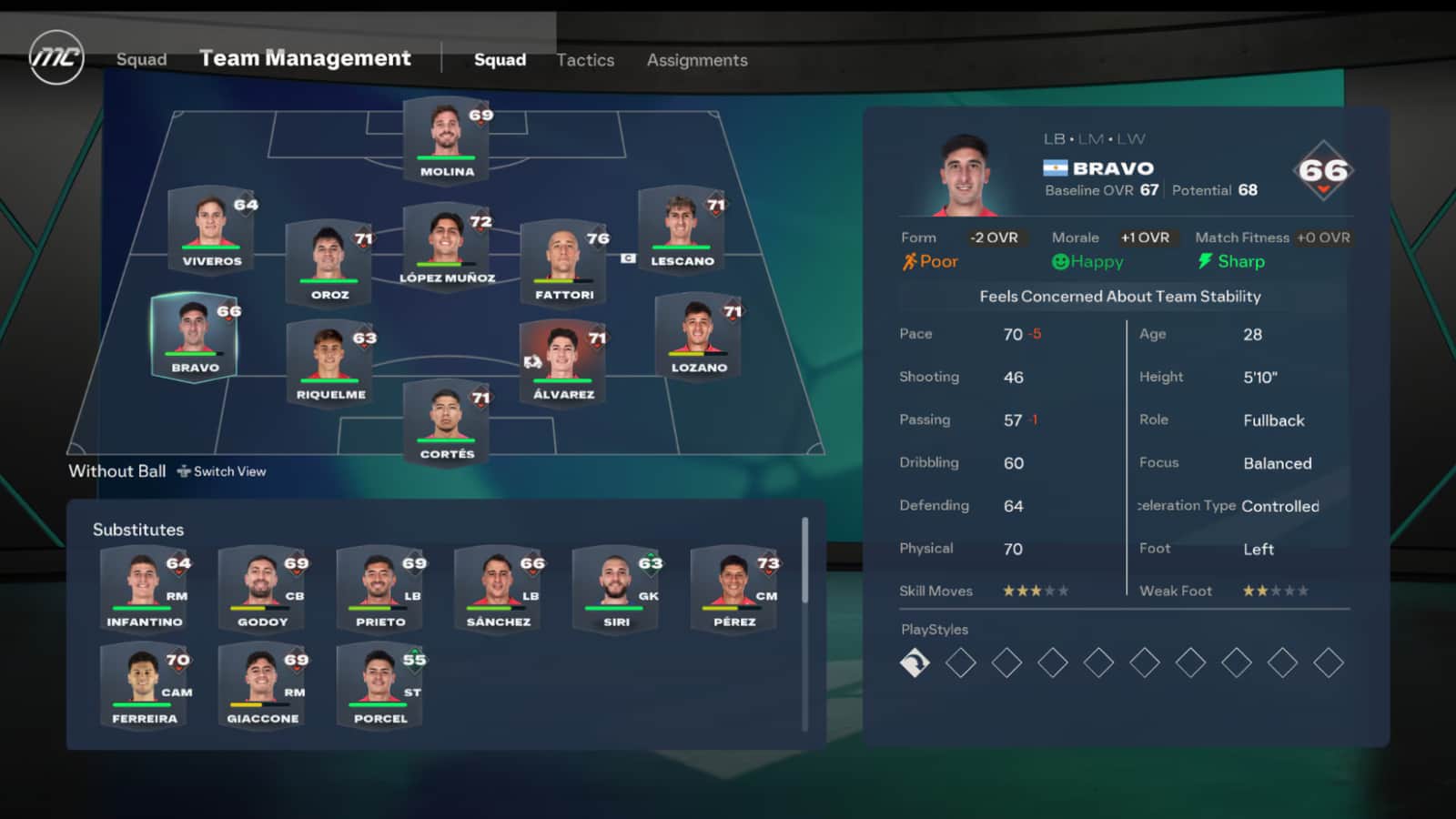 FC 27 Career Mode team management screen showing a selected left-back's form, morale and attributes