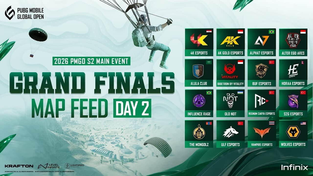 Official 2026 PMGO S2 Grand Finals art with a PUBG MOBILE character parachuting in and the logos of the 16 finalist teams