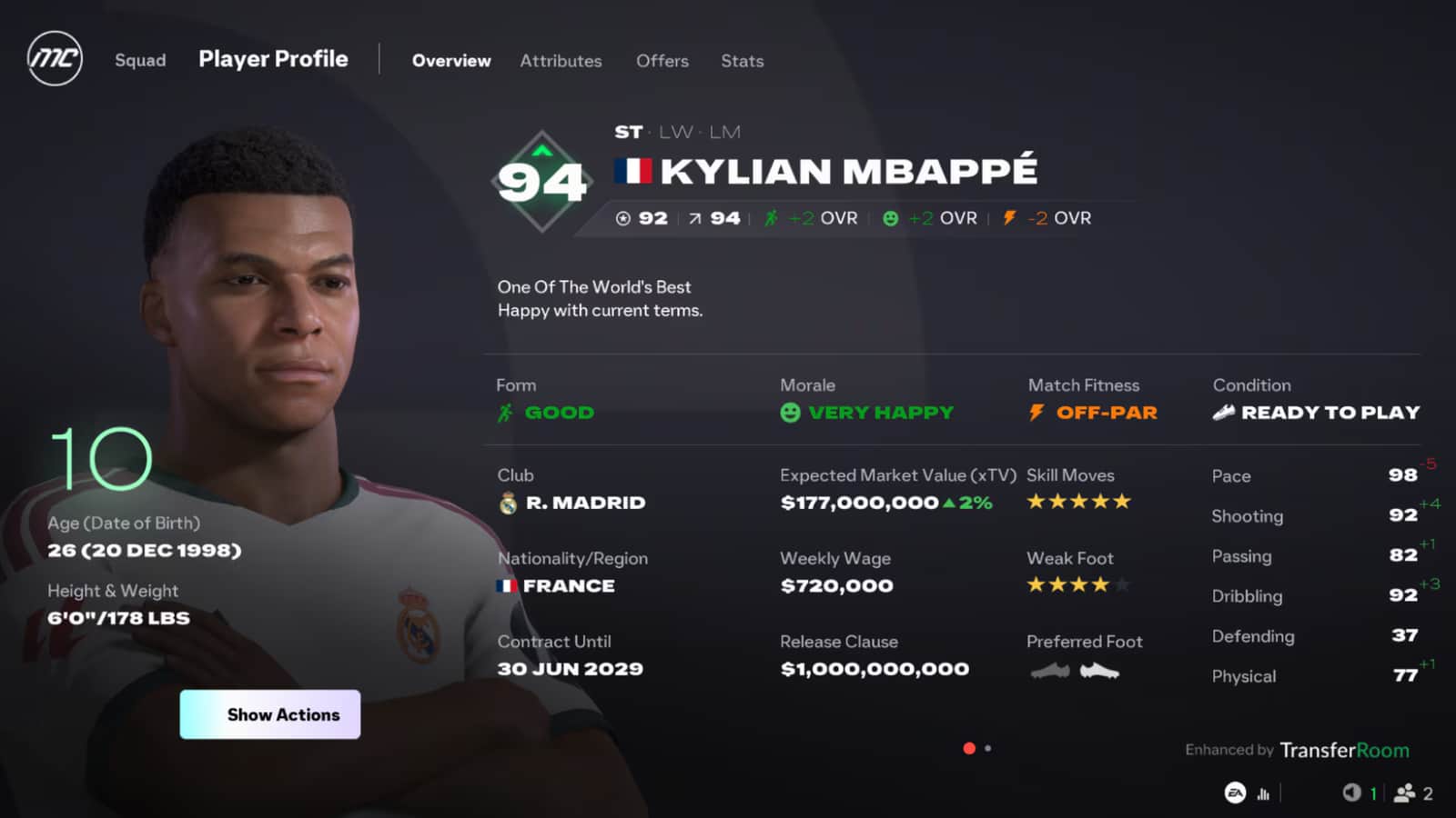 FC 27 Career Mode player profile showing form, morale, match fitness, contract end date and release clause