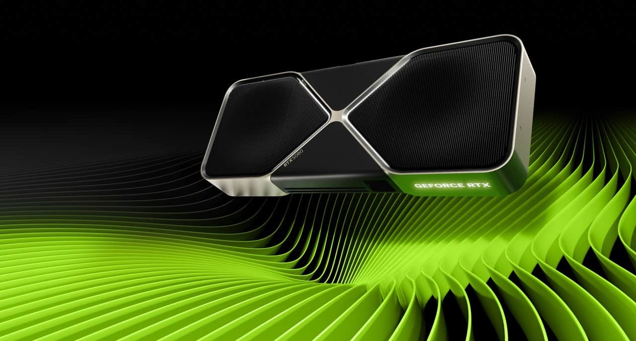 Official NVIDIA product image of the GeForce RTX 5080 Founders Edition above green waves