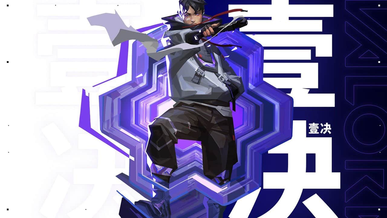 Official Valorant wallpaper of the agent Iso in front of purple geometric shapes and large Chinese characters