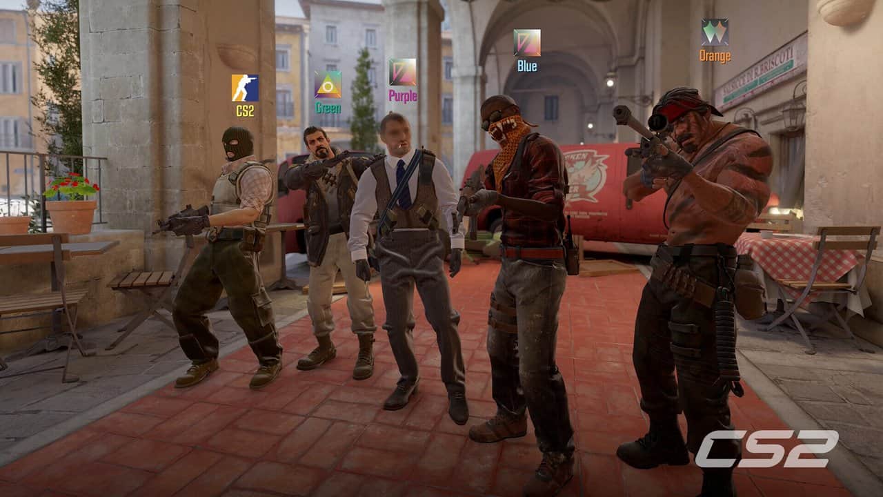Counter-Strike 2 terrorist squad posing with their weapons in a sunny Spanish-style plaza