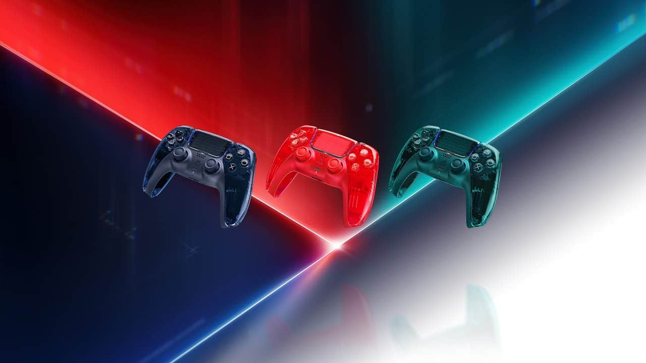 Transparent orange, green and grey DualSense controllers from the PS5 Prism Collection