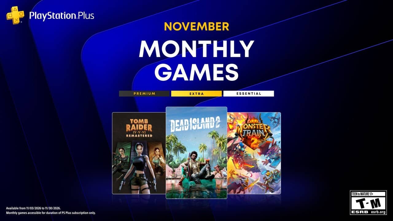 Official PlayStation Plus November 2026 monthly games artwork featuring Dead Island 2, Tomb Raider IV-VI Remastered and Monster Train 2