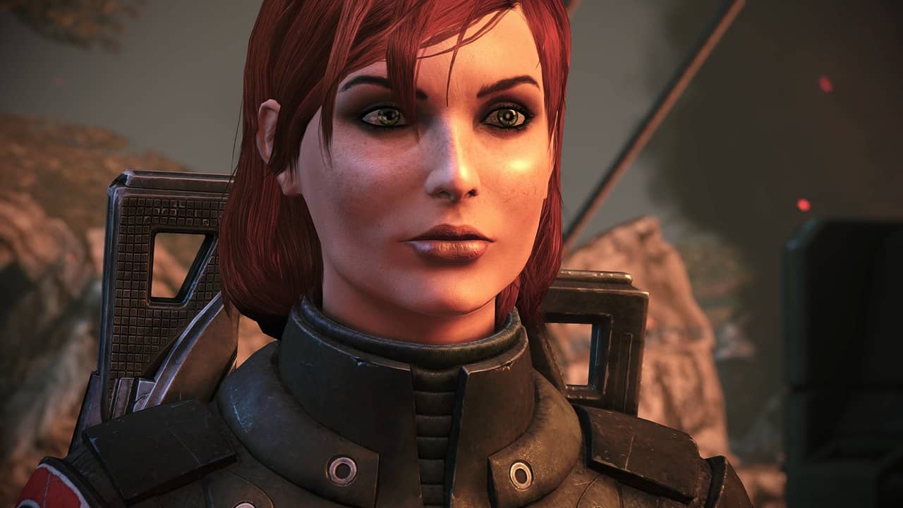 Close-up of a red-haired female Commander Shepard in Mass Effect Legendary Edition