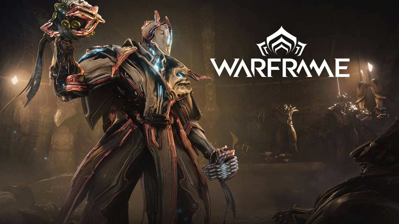 Brysko, the new Warframe from Warframe: Tau, next to the Warframe logo