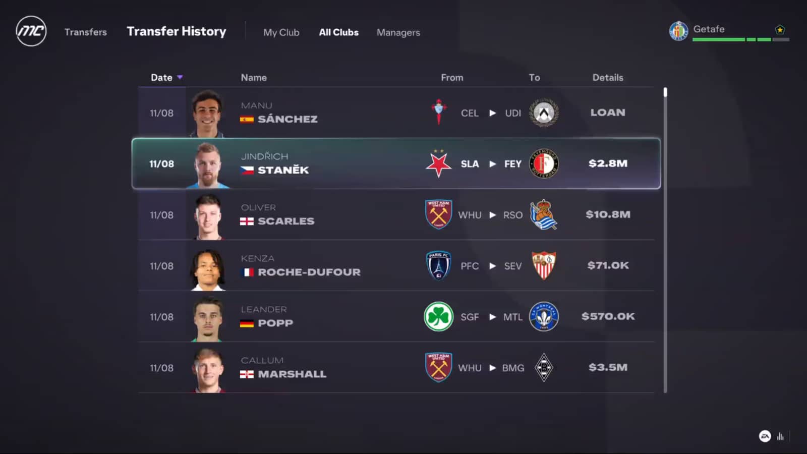 FC 27 Career Mode transfer history screen listing loan moves and paid transfers