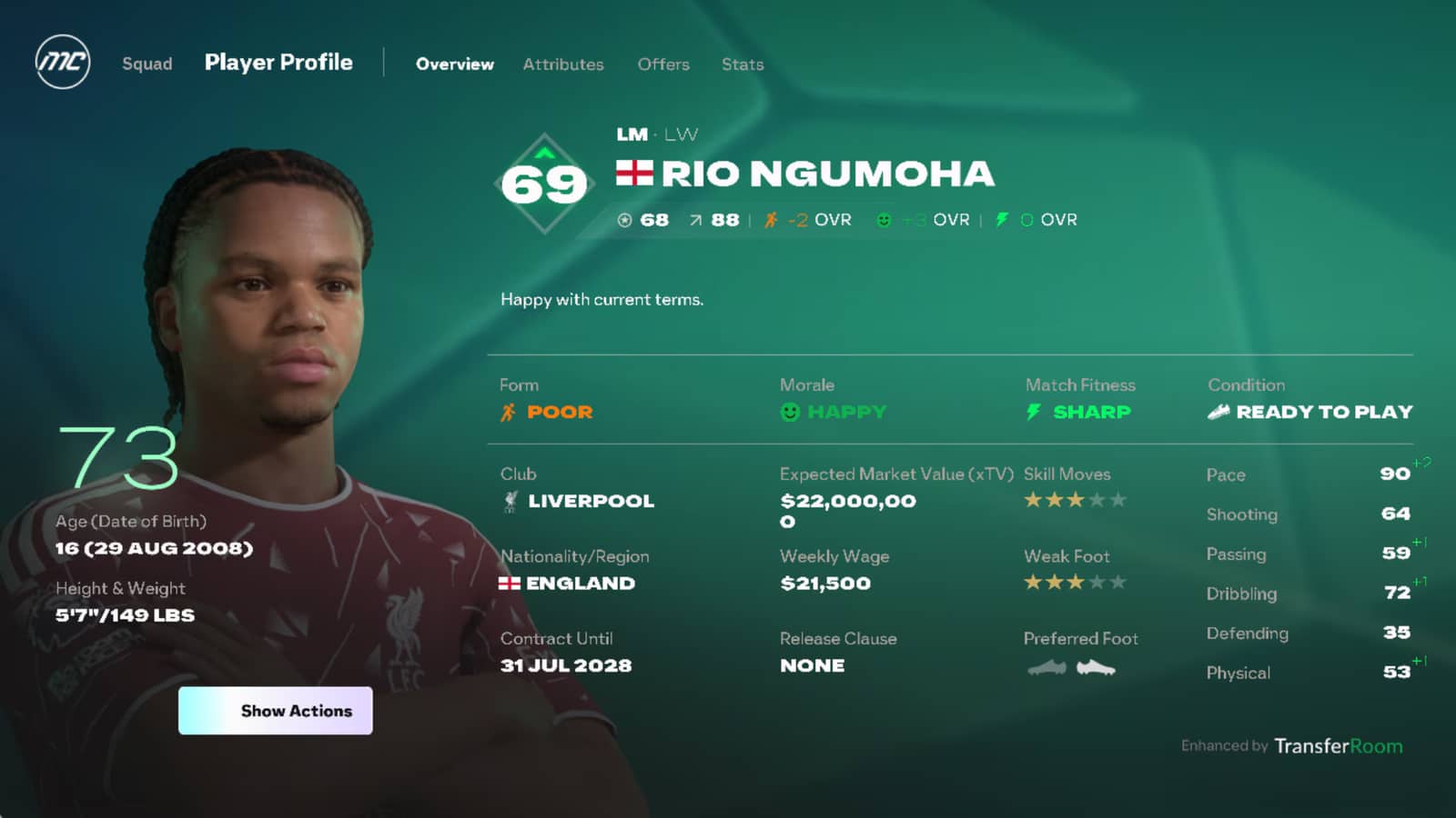 Rio Ngumoha's player profile in FC 27 Career Mode showing rating, potential, form, morale and contract details