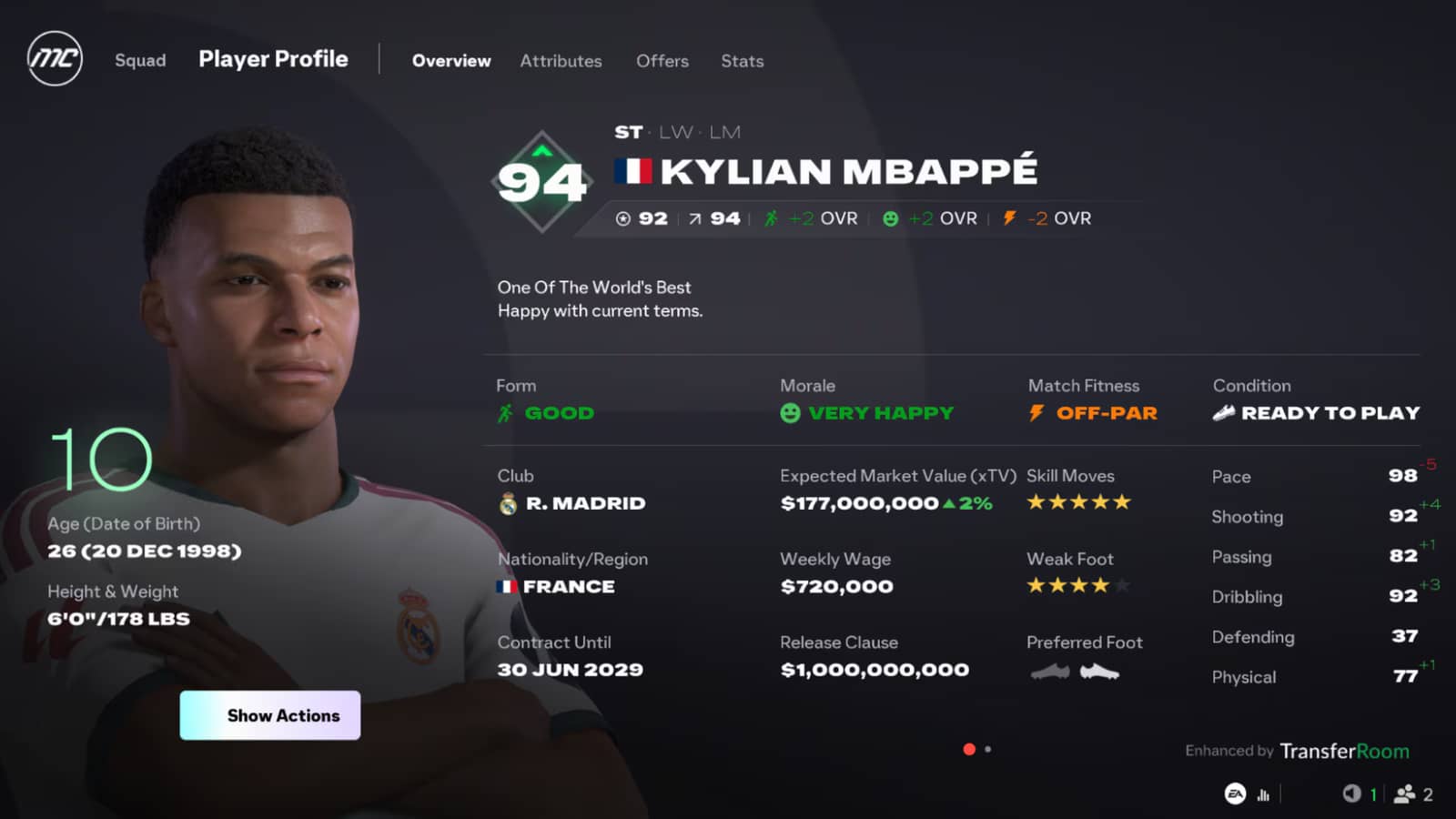 FC 27 Career Mode player profile showing form, morale, match fitness, contract end date and release clause