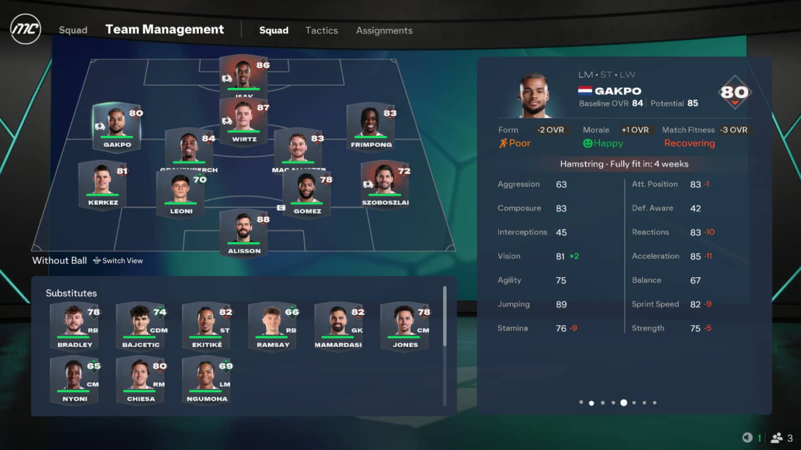 FC 27 Career Mode team management screen with starting XI, substitutes and a selected player's attributes