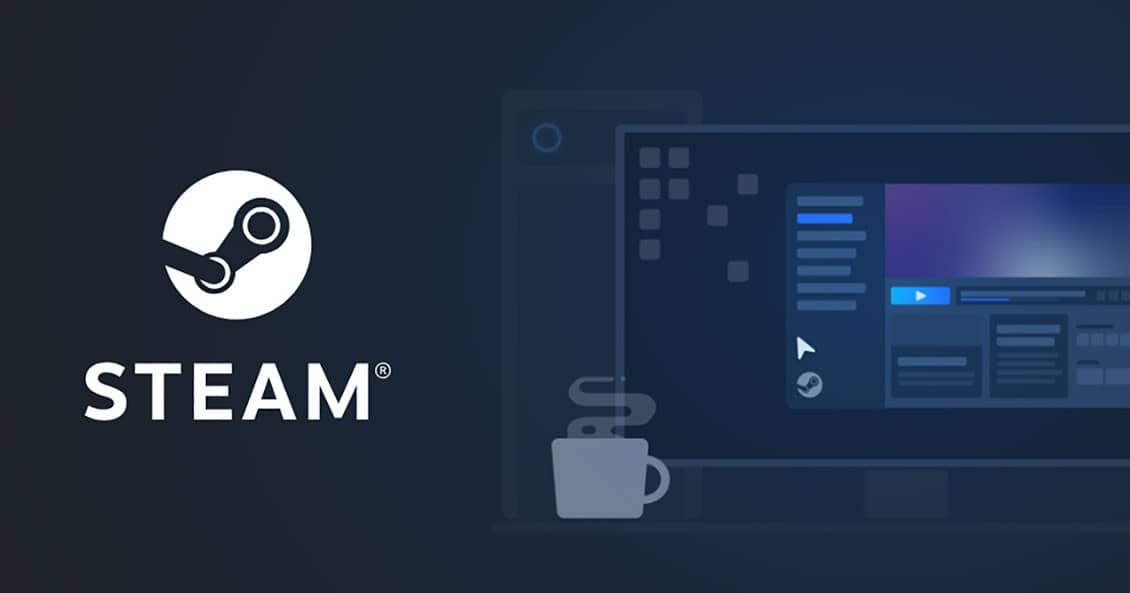 Official Steam artwork with the Steam logo on a dark blue background next to an illustrated desktop showing the Steam client and a coffee mug