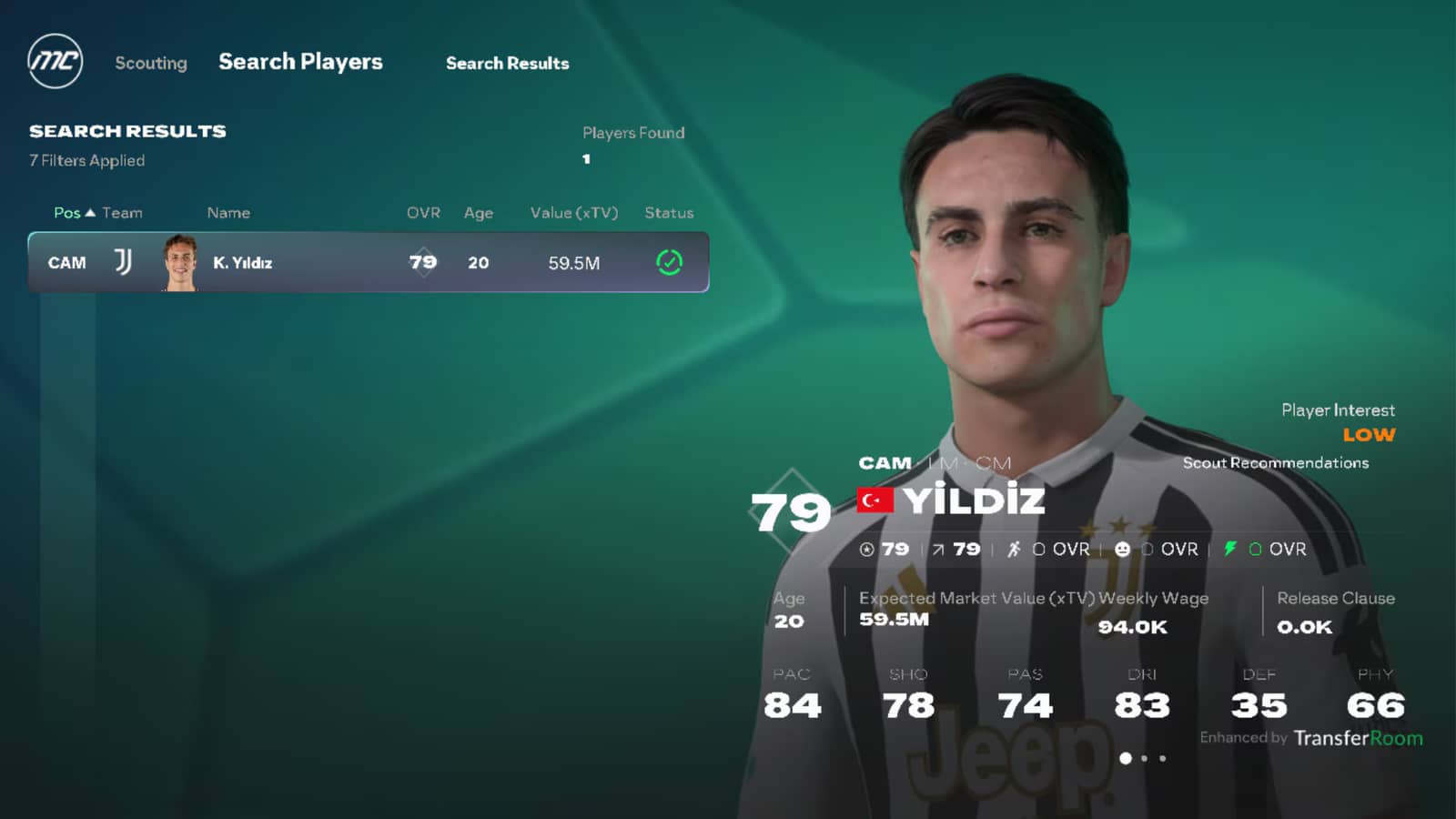 FC 27 Career Mode player search results with Kenan Yıldız's scouting card