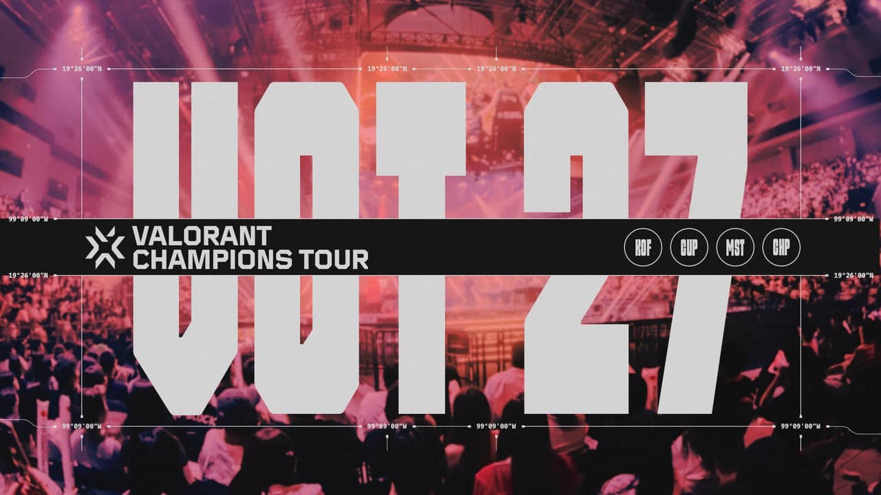 VALORANT Champions Tour 2027 key art with VCT27 lettering over a packed arena