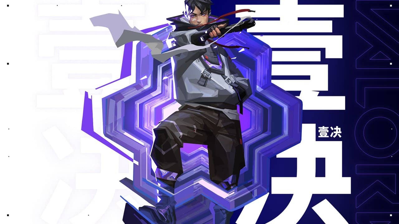 Official Valorant wallpaper of the agent Iso in front of purple geometric shapes and large Chinese characters