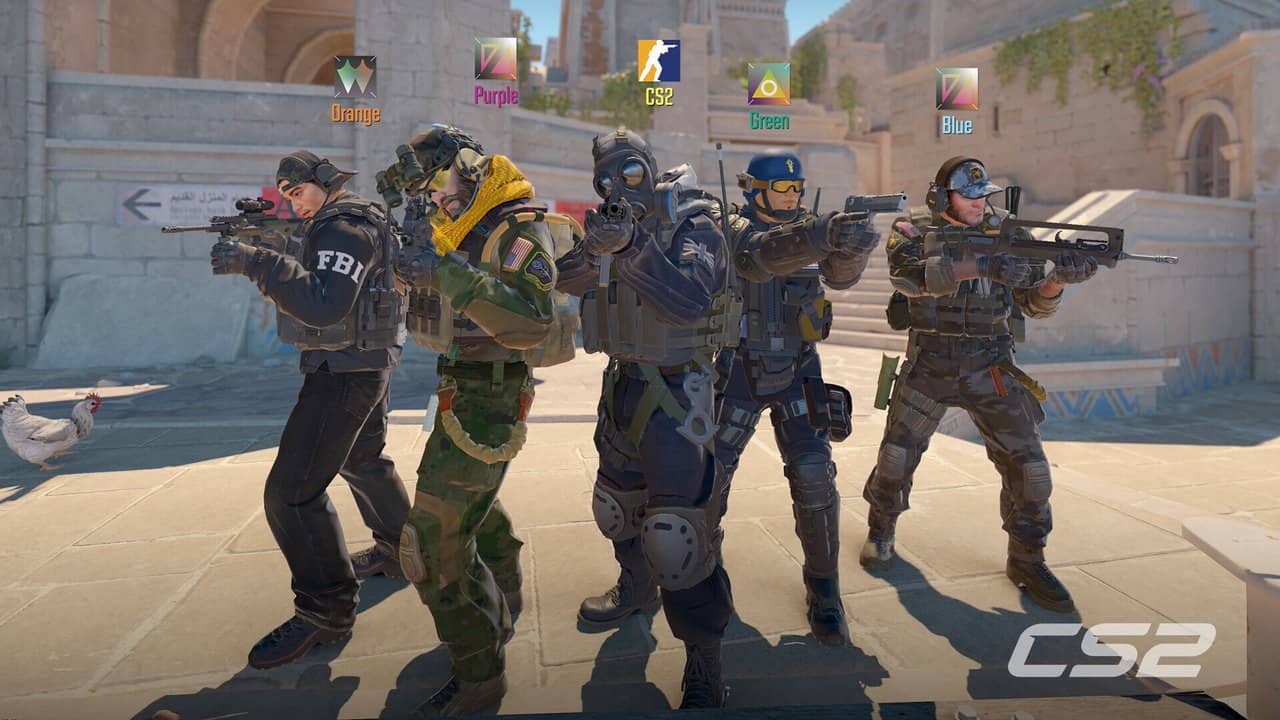 A five-player counter-terrorist squad aiming their weapons in Counter-Strike 2