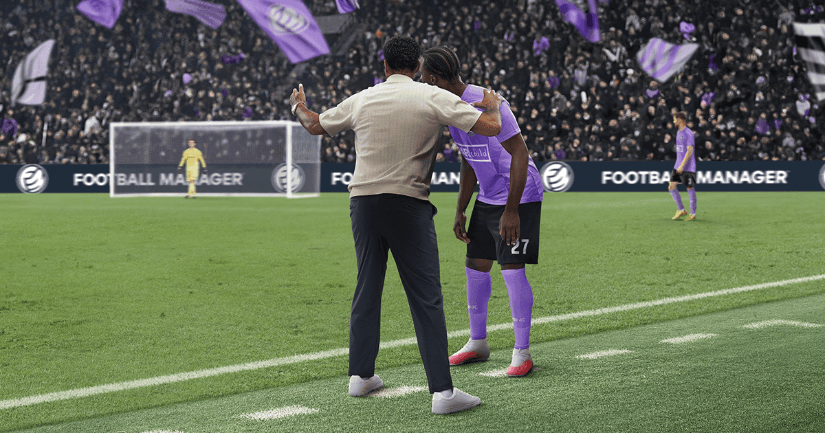 Football Manager 27 official key art: a manager and his player on the touchline