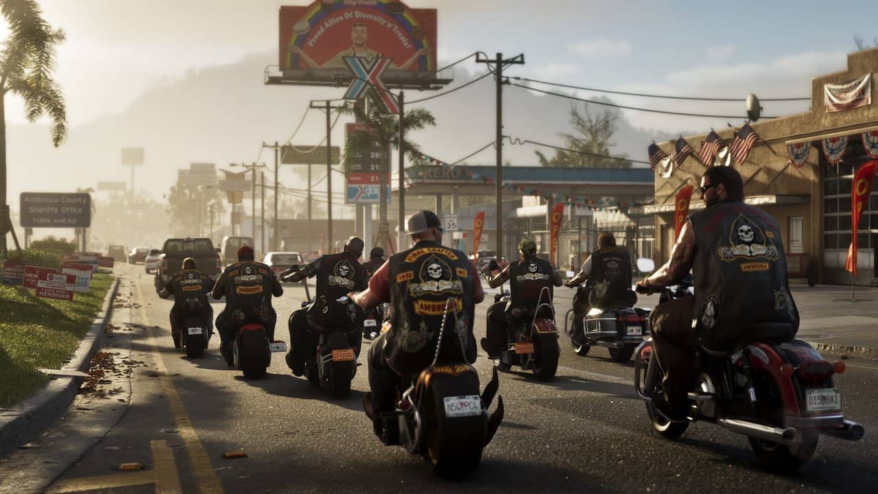 A group of bikers riding down a road in GTA 6's Ambrosia region, official Rockstar screenshot