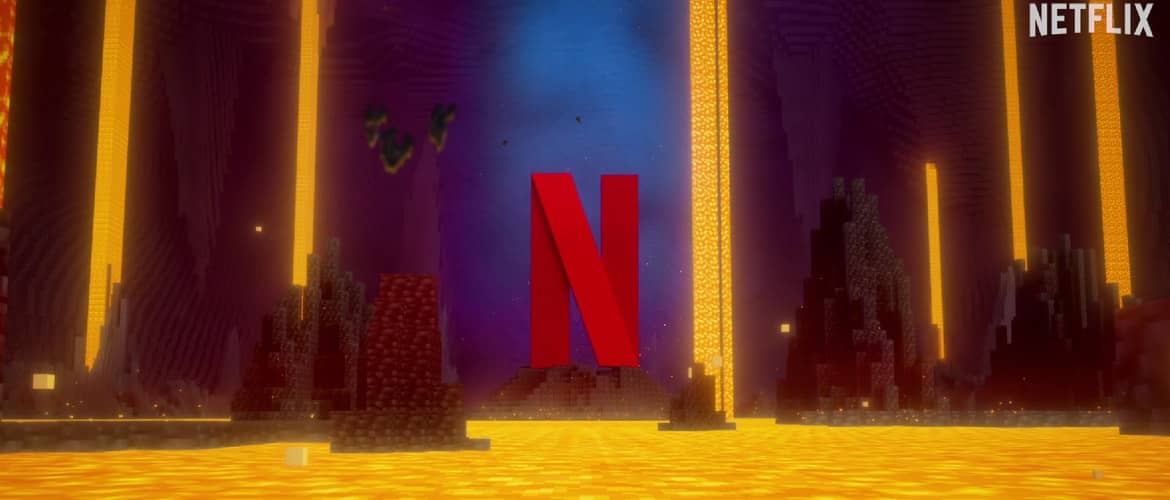 The Netflix logo between lava and glowing pillars in a Minecraft world