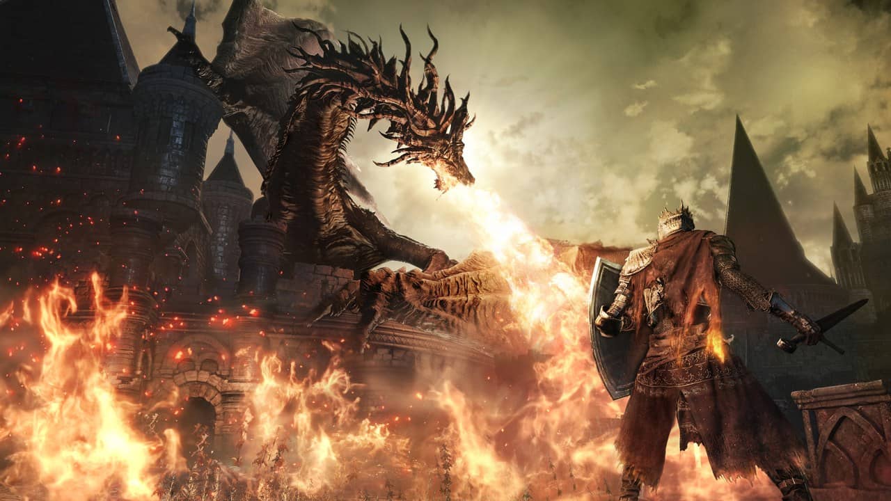 A knight with a shield in front of a fire-breathing dragon in Dark Souls III