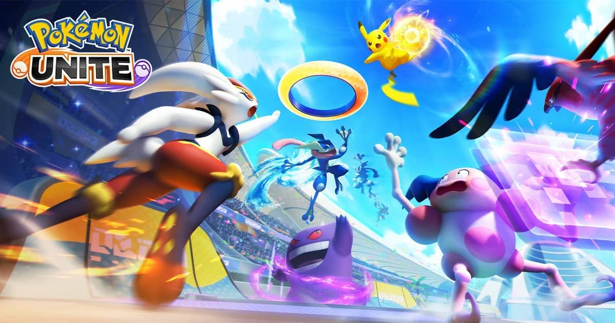 Pokémon UNITE key art showing several Pokémon charging into battle beneath the game's logo