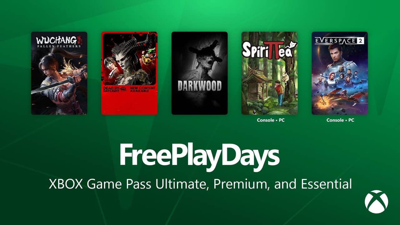 Xbox Free Play Days artwork for October 29 showing WUCHANG, Dead by Daylight, Darkwood, Spirittea and EVERSPACE 2