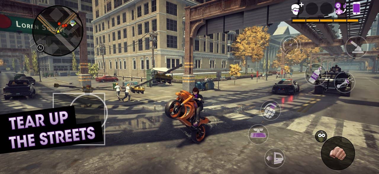 Riding a motorbike with touch controls in the mobile version of Saints Row: The Third Remastered