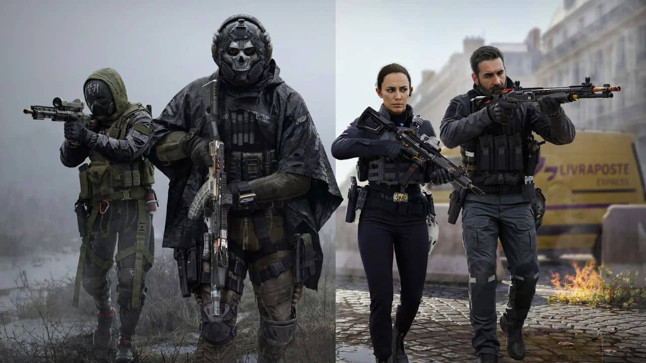Official Modern Warfare 4 image of Ghost and armed operators walking through a combat zone