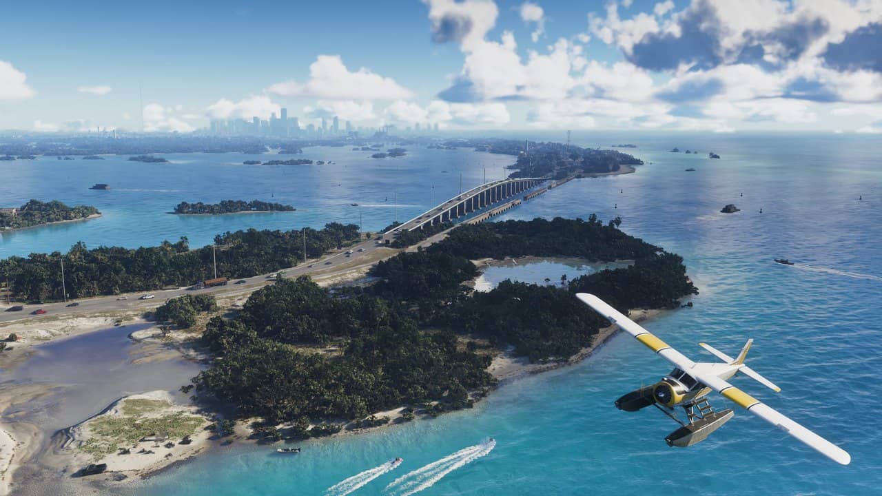 A seaplane flying low over turquoise water and islands in GTA 6's Leonida Keys