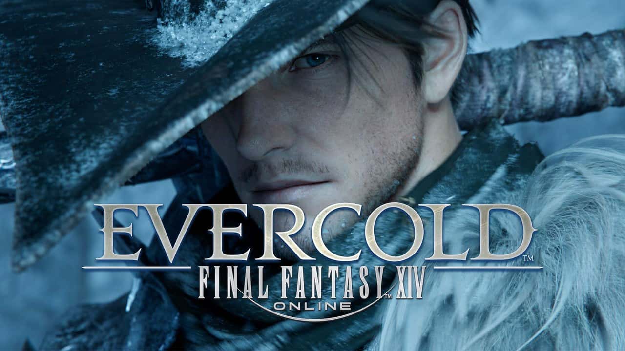 Final Fantasy XIV Evercold logo with a hooded character in a snowy landscape