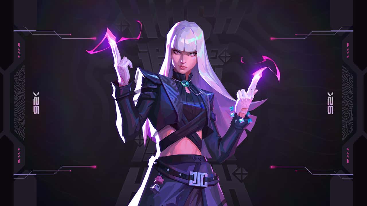 Valorant patch 13.09 key art of new agent Hush, a white-haired duelist with glowing purple energy in her hands
