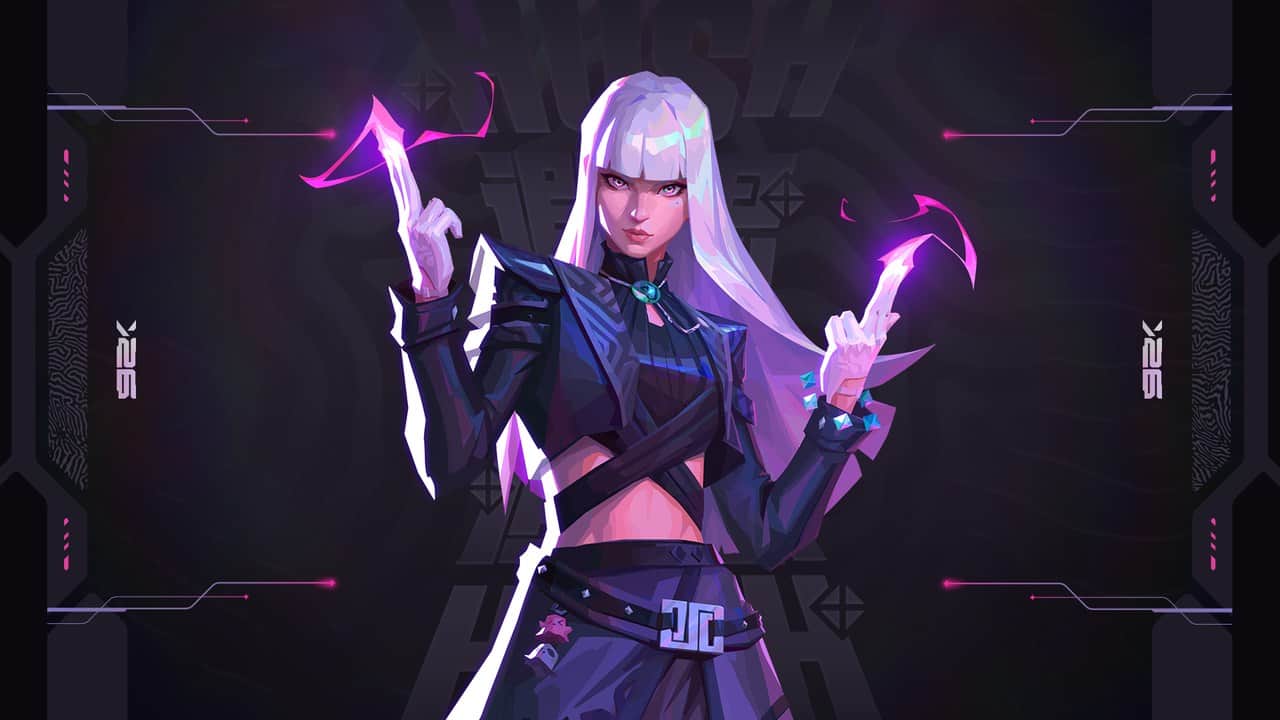 Valorant patch 13.09 key art of new agent Hush, a white-haired duelist with glowing purple energy in her hands
