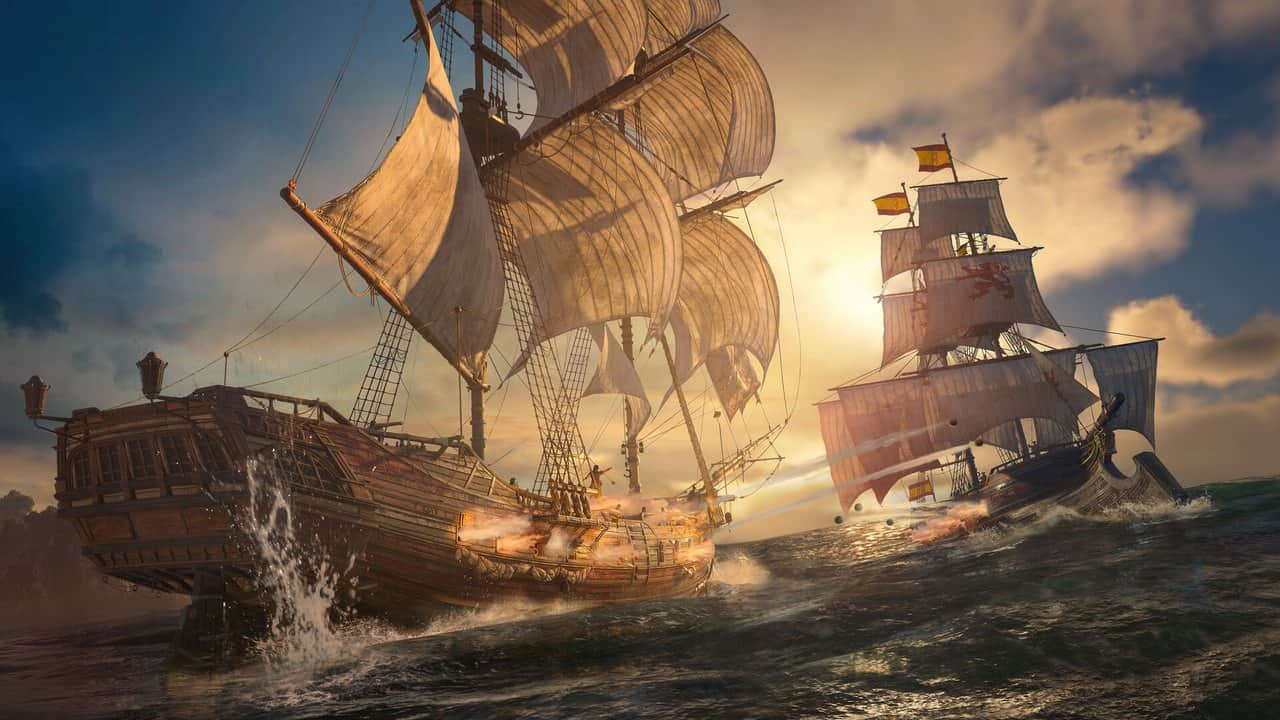 Sailing ships trading cannon fire at sunset in Assassin's Creed Black Flag Resynced