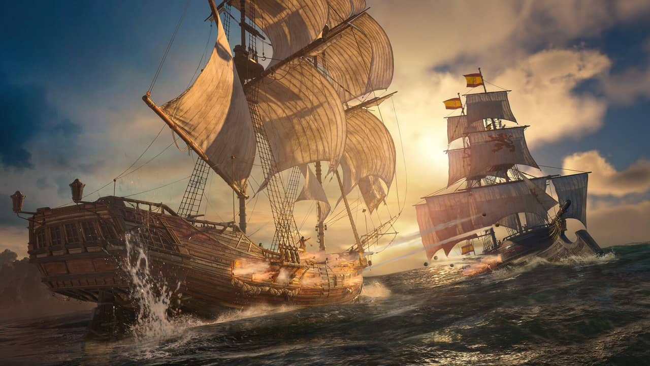 Sailing ships trading cannon fire at sunset in Assassin's Creed Black Flag Resynced
