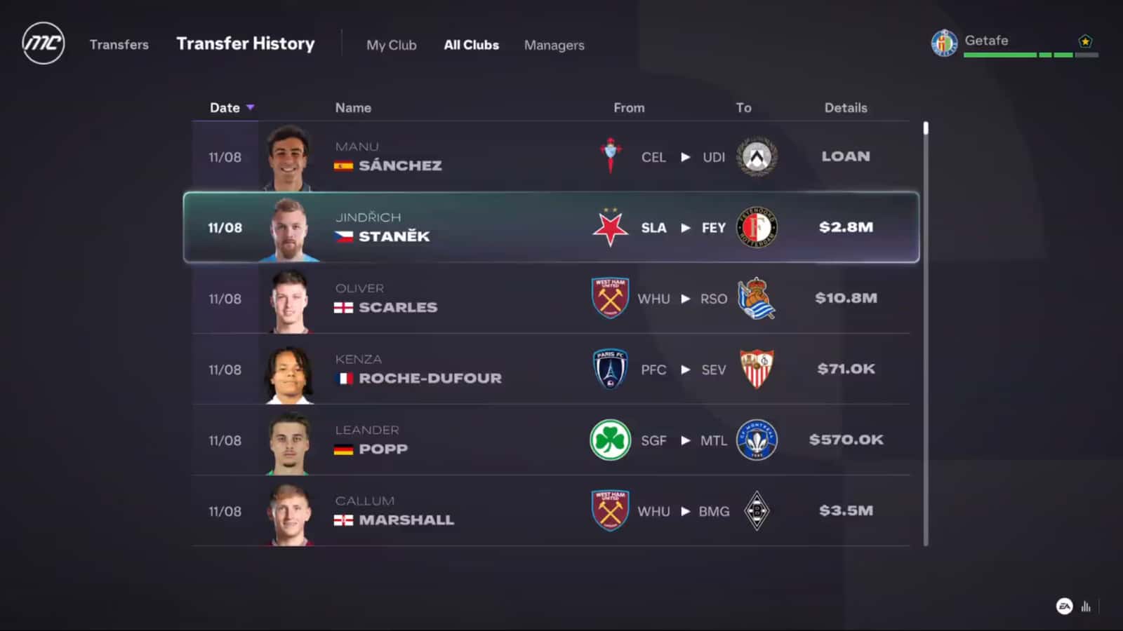 FC 27 Career Mode transfer history screen listing loan moves and paid transfers