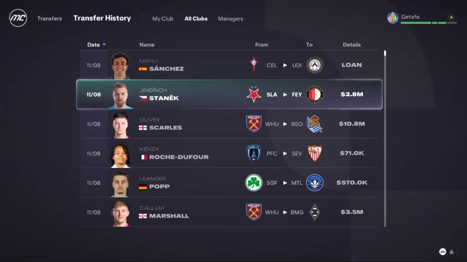 FC 27 Career Mode transfer history screen listing loan moves and paid transfers